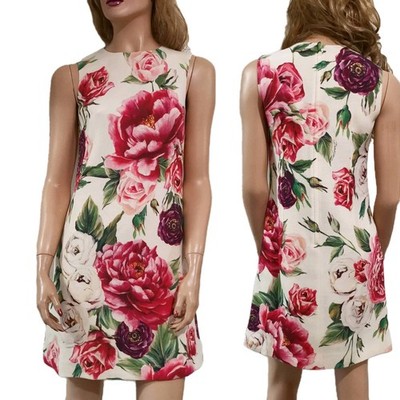 Dolce & Gabbana Floral Peony Roses Print A-Line Shift Wool Italy Dress IT38