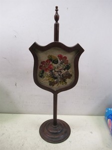Antique Adjustable Pole Fire Screen Miniature Needlepoint Floral Mahogany