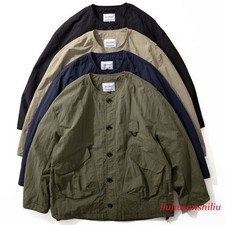 Cargo Jacket Men Japanese Loose Multi Pocket Casual Thin Collarless Coat