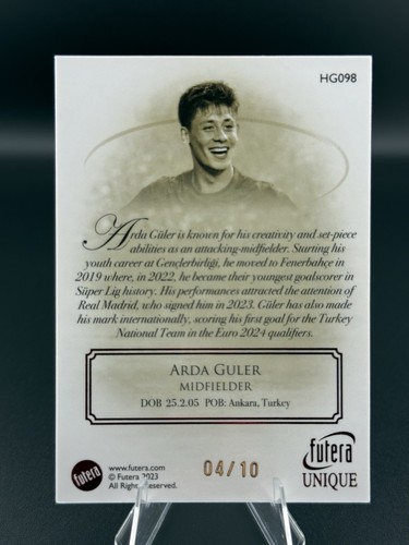 2023-24 Futera Unique World Football - Heritage Next Arda Guler #HG098 Ruby /10 - Picture 2 of 2