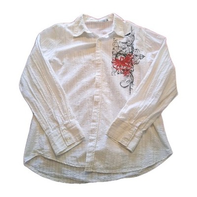 Pop Icon White Button-Up Shirt XXL | Textured Fabric Graphic Cross Red Black