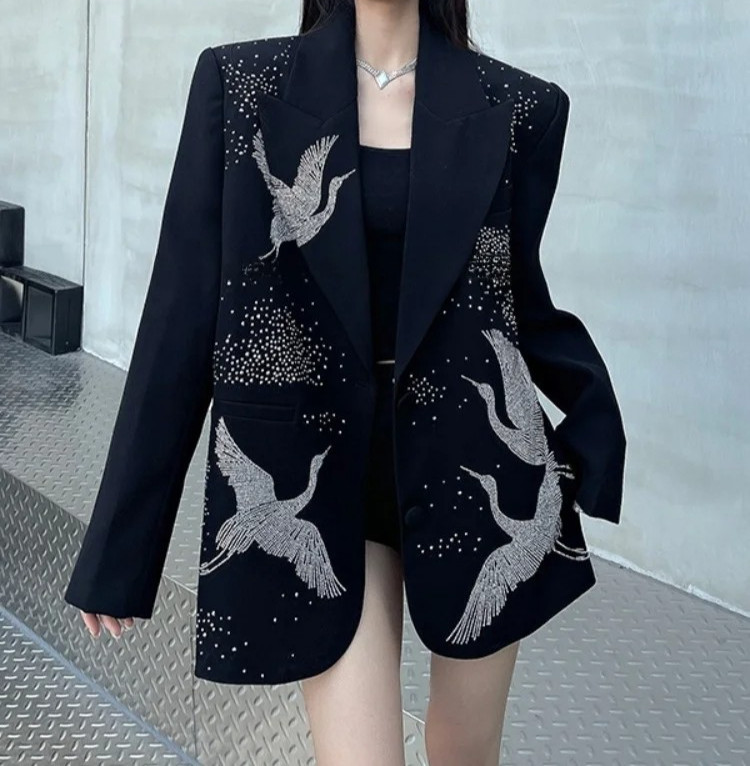 Nueva Chaqueta Blazer Negra Moda Pájaros Estrás Diamantes Lujosa para Mujer