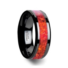 Nova Black Ceramic Wedding Band With Beveled Edges And Red Opal Inlay