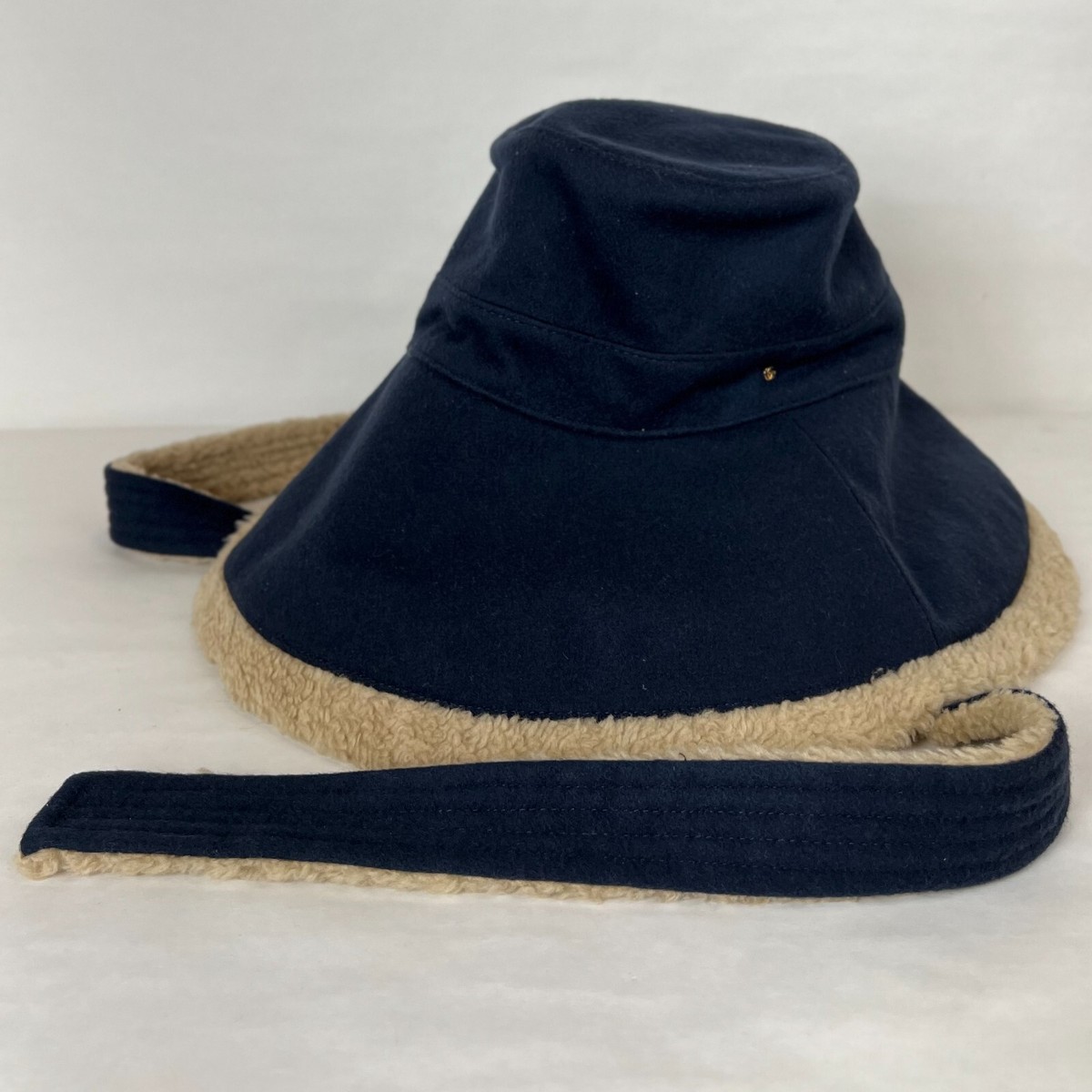 Gucci Women Navy Blue Wool Eco Fur Wide Brim Panama Bucket