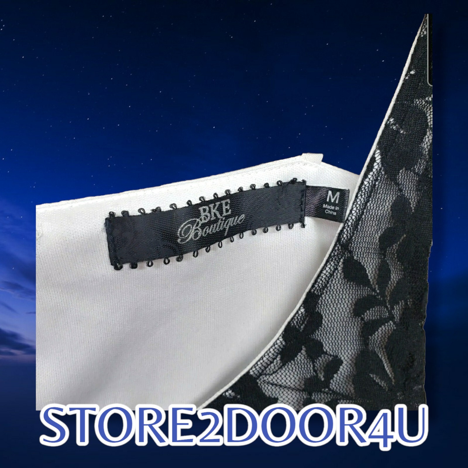 BKE BOUTIQUE MEDIUM WHITE SHEER SUMMER BLOUSE w BLACK FLORAL LACE, OPEN BACK