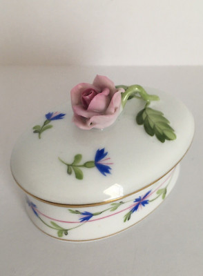 Herend Blue Garland Hand Painted Oval Shaped Bonbonniere Trinket Box with Rose