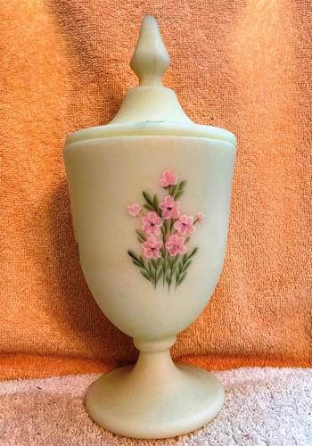 Fenton Burmese Hand Painted Pale Yellow Candy Jar Bowl Lid Signed 10 In. Tall