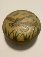 Vintage Solid Brass Patina Trinket Dish With Lid Scenic Bird Design