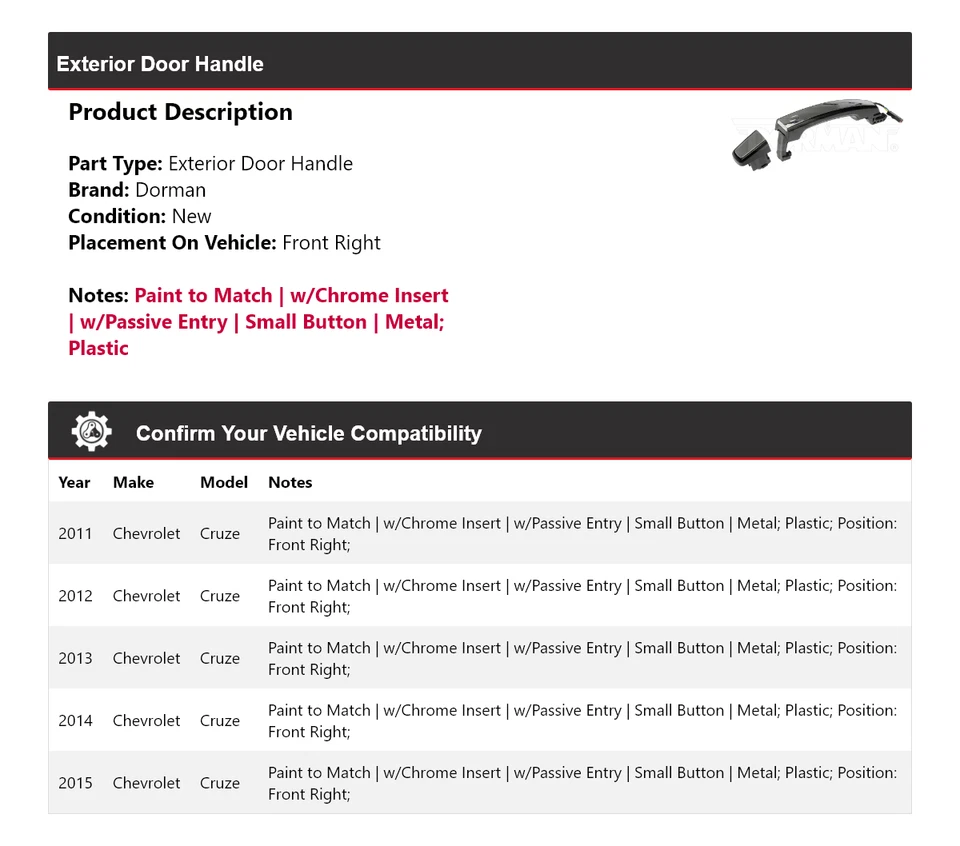 Maçaneta externa dianteira direita 2012 2013 Chevrolet Cruze Dorman 2011-2015 - Imagem 2 de 4