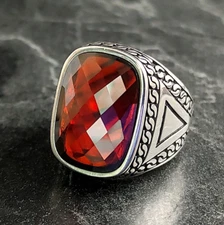 Men Silver Square Red Garnet Gemstone Ring, Men Bright Garnet Stone Silver Ring