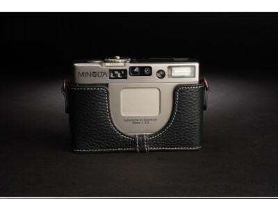 Real Black Leather Camera Case Half Pouch + Hand Strap for Minolta 