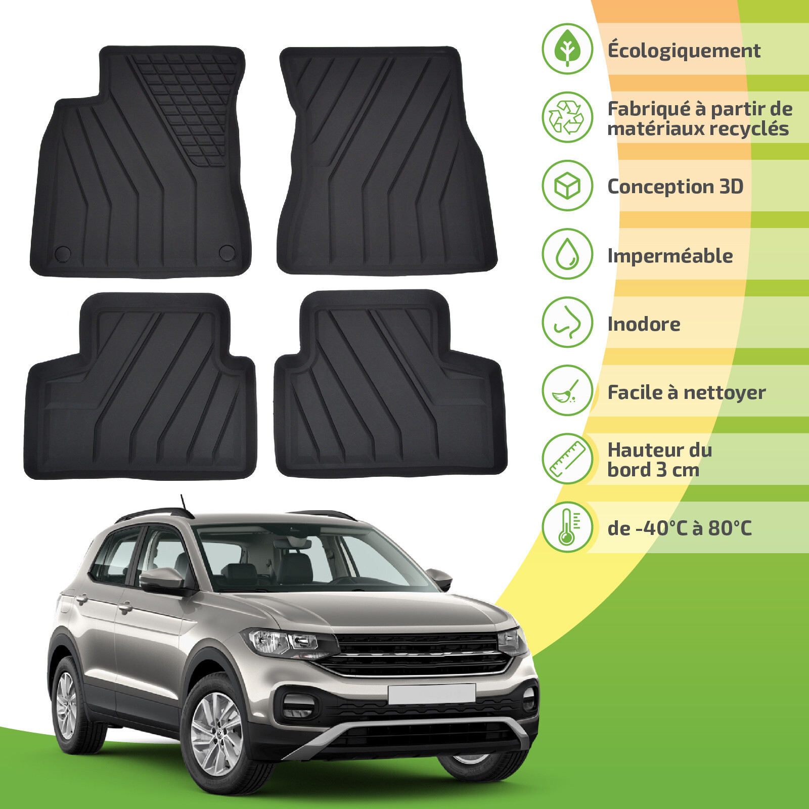Tapis de sol VW T-Cross de haute qualité en polymère Eco recyclé finition premium