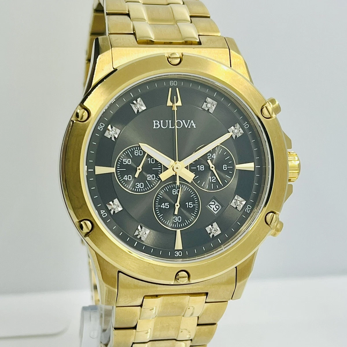 Bulova Men s Diamond Gold Black Stainless Steel 42mm Black Dial Watch 97D126