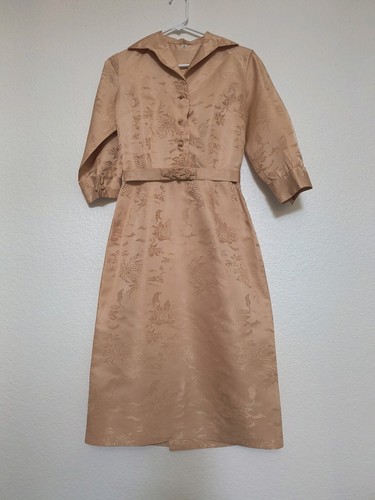 Vtg 1950s Japanese 100% Silk Pixelated Damask Floral Nude Dress, Sz XS/S - 第 1/12 張圖片