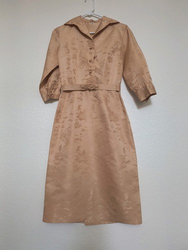 Vtg 1950s Japanese 100% Silk Pixelated Damask Floral Nude Dress, Sz XS/S - Afbeelding 1 van 12