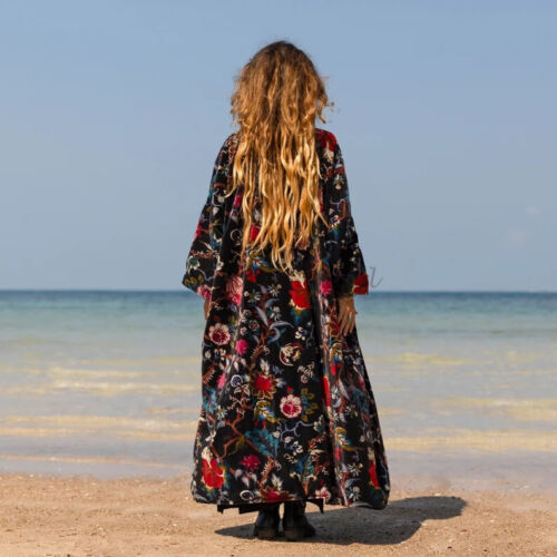 Indian Black Floral Kimono, Velvet Kimono Robe House Gown Bridal Night Kimono AU - Picture 3 of 3