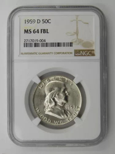1959 D Franklin Half Dollar NGC Graded MS 64 FBL Full Bell Lines (185)