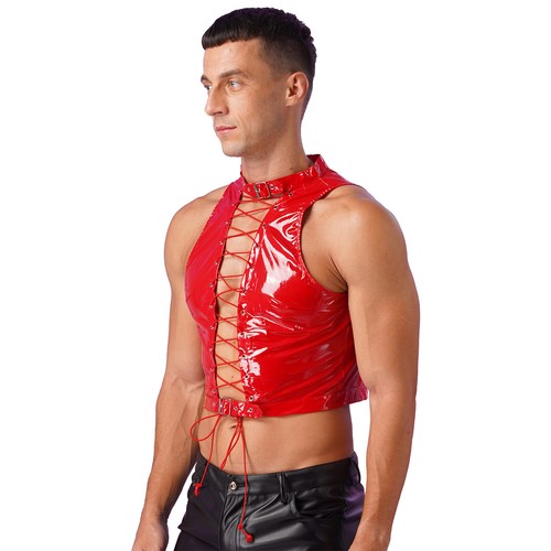 Mens Faux Leather Hollow Out Lace-up Tank Tops Sleeveless Muscle Shirt Nightclub - Picture 16 of 43