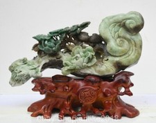 12.4" Old China Natural Dushan Jade Carving Fengshui Ru Yi Flower wealth Statue