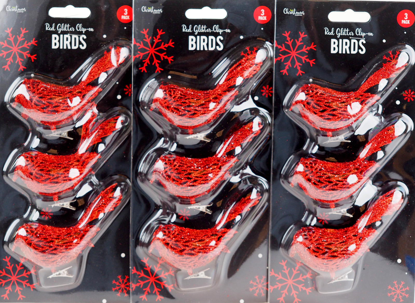 Clip On Christmas Birds - Red Glitter Encrusted - Set of 9