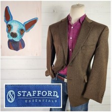 Stafford Mens Classic Fit Two Button Blazer Jacket Brown Herringbone Wool Sz 44R