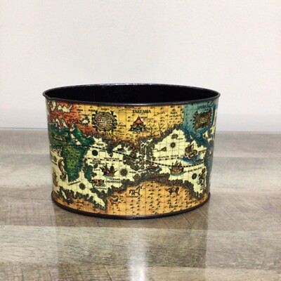 Vintage Old World Map Oval Tin Container Made in Japan 7.25x4.5x4.5''