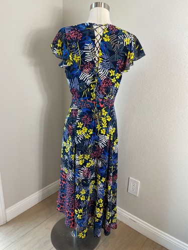 Vestido midi floral Karen Millen para mujer EE. UU. 10 cuello en V con cordones espalda - Imagen 11 de 18