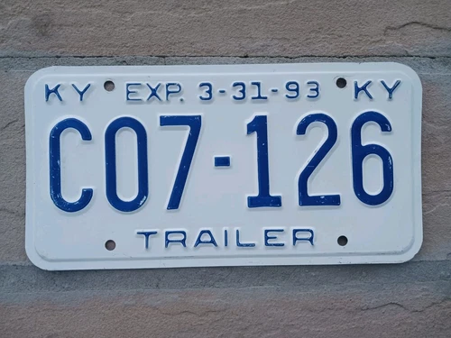 Kentucky TRAILER Tin License Plate TAG # C07-126 Blue Letters 03-31-93   Derby