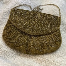 VINTAGE La Regale Gold Beaded Evening Bag with Gold Hardware Chain 70s-80s