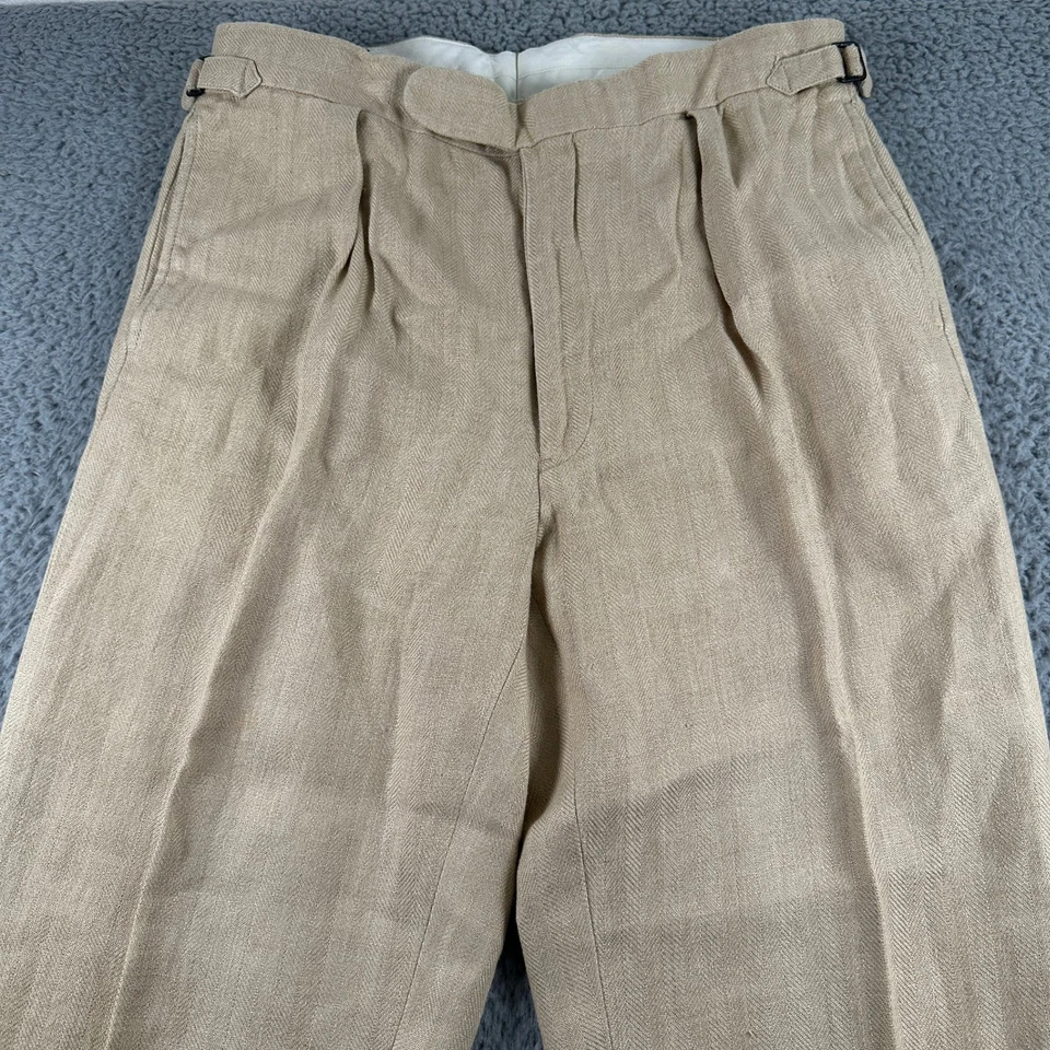 Pantalones Polo Ralph Lauren Para Hombre 34x32 Beige Lino Plisado Puños Ajustadores Laterales Foto 2 de 4
