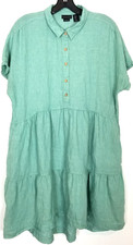 Tahari Women Linen Mini Tired Dress Sz L Green Short Sleeve Summer Button Front