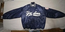 VTG 90s MLB NEW YORK YANKEES MAJESTIC SATIN BOMBER JACKET SCRIPT LOGO SIZE L