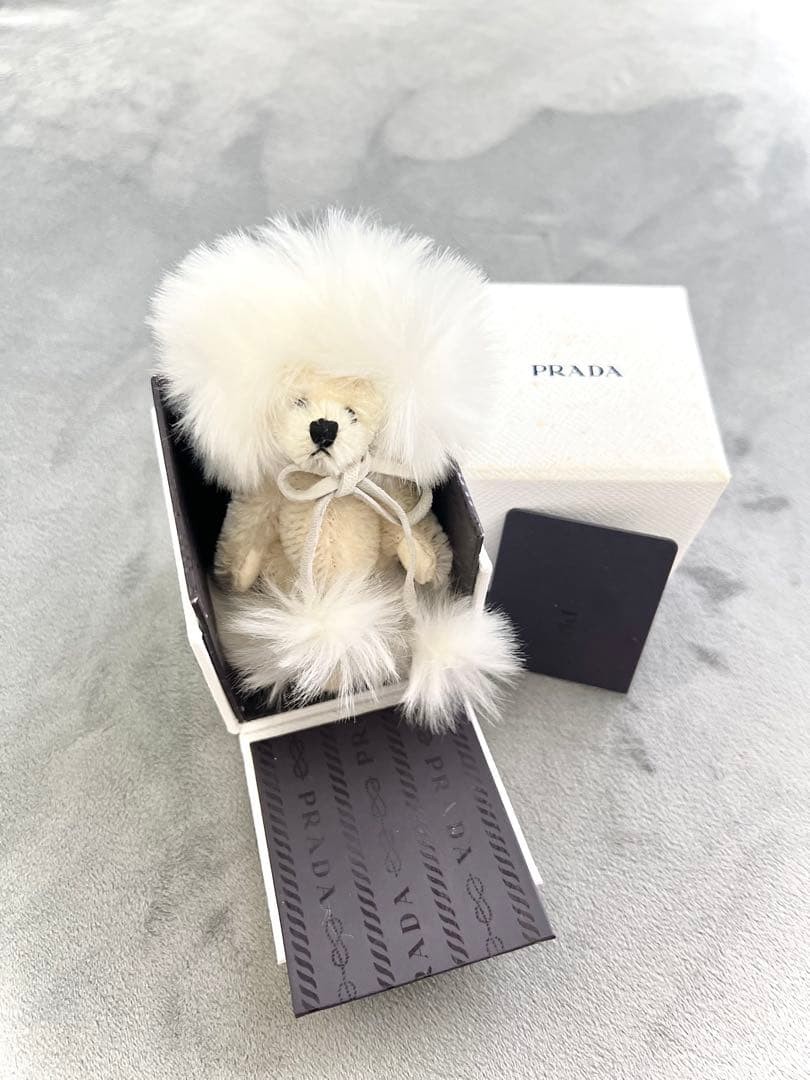 Prada Bear Keyring White Fur Bag Charm with Tag & Box