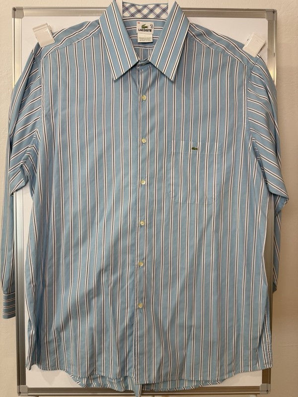EUC Lacoste Dress Shirt Men's 46 Long Sleeve Blue White Navy Stripe Rumania