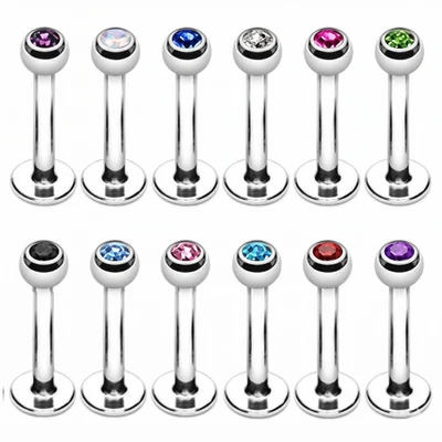 Labret Lip Bar Monroe Tragus Stud Helix Nose Lip Stud Ring Gem Balls 1.2mm - Image 1 of 2