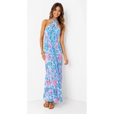 Lilly Pulitzer Montecito Halter Maxi Dress Naut Today Blue Pink Resort Dress XL