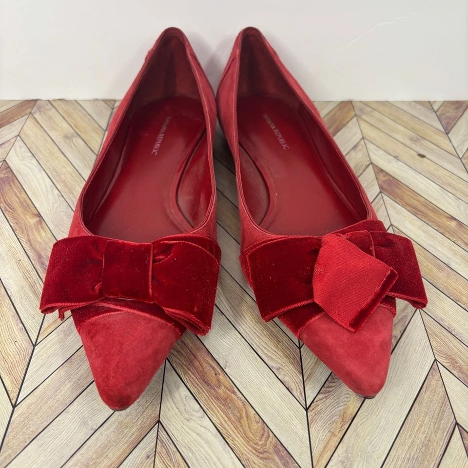 Banana Republic| 女士芭蕾平底优雅蝴蝶结尖头红色麂皮绒 8.5 码 — 第 3/4 张图片