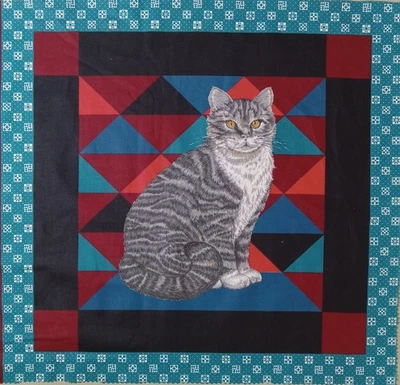 Vtg~ Cranston~"Gray & White Kitty Cat"~ Cotton Fabric Panel~ 17"x17" overall - Image 1 of 4