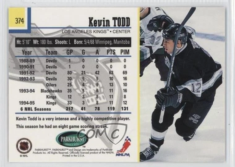 1995-96 Parkhurst International Kevin Todd #374 - Image 2 of 2