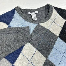 Geoffrey Beene Sweater Men XXL Gray Lambs Wool Argyle Ribbed V Neck Pullover