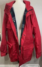 Eddie Bauer Barn Chore Jacket Mens XL Red Plaid Polyester Cotton Wool Lined VTG