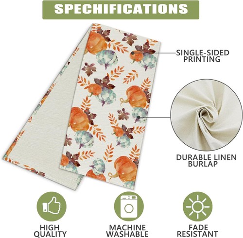 13x120 Inch Fall Watercolor Pumpkin Autumn Harvest Thanksgiving Table Runner - Picture 2 of 5