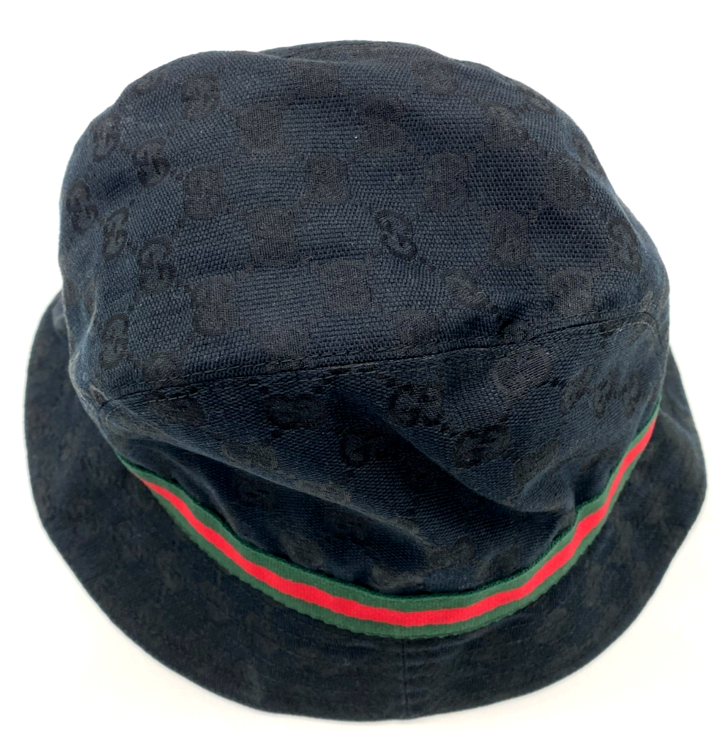 Gucci GG Canvas Bucket Hat Navy Web Stripe Black Leather Logo