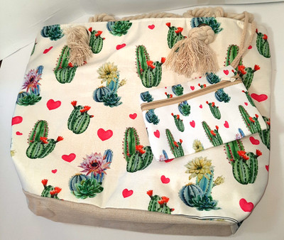 Large 16x13'' Tote Bag, Southwestern Cactus, Rope Handles, Attached Zipper Pouch