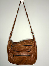 Brown Leather Shoulder Bag Multiple Zip Pockets Made In Mexico