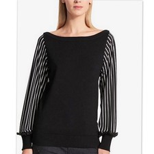 DKNY Women XS S Mixed Media Striped Sleeve Pullover Sweater Top Donna Karan NEW