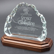 Service to Education Award Crystal Iceberg Optic Glass Trophy Walnut Stand 7.5x6