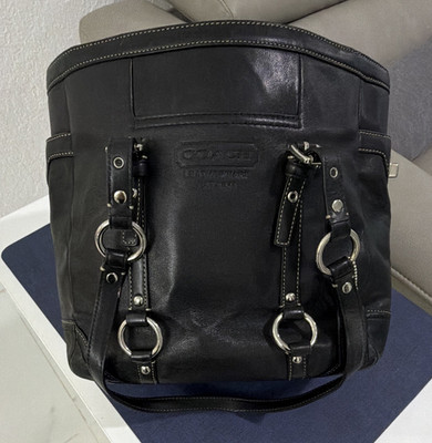 Coach Women's Black Zip Shoulder Bag w/ Buckle Straps & Silver Hardware