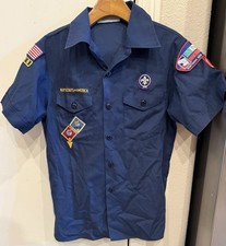 VINTAGE Boy Scouts Of America Uniform Shirt Blue Patches Poly Cotton Youth Large