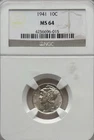 1941 Mercury Dime 10C NGC MS-64 Choice BU Silver Philadelphia Coin #557